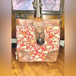 Vintage Chaps Tapestry Crossbody Bag Red Gold Floral Print